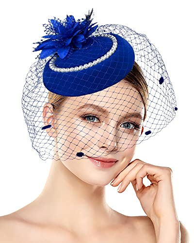 Pillbox Hat with Veil Vintage Fascinators for Women Tea Party Bridal Wedding Halloween First Communion Hats - color: Z-navy