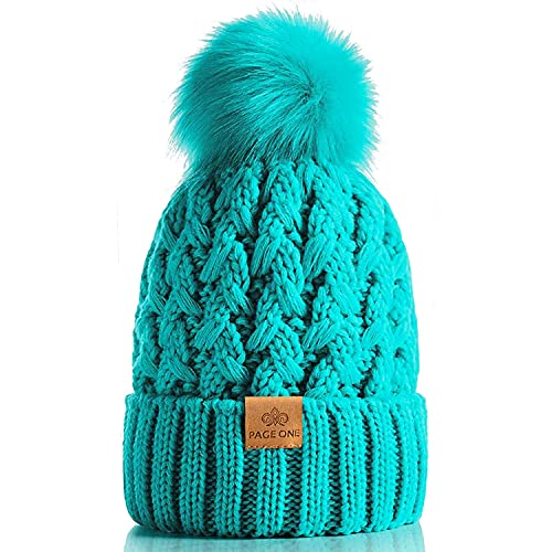 PAGE ONE Womens Winter Ribbed Beanie Crossed Cap Chunky Cable Knit Pompom Soft Warm Hat - color: Green