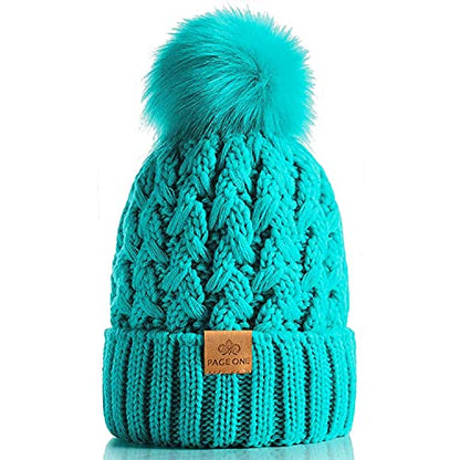 PAGE ONE Womens Winter Ribbed Beanie Crossed Cap Chunky Cable Knit Pompom Soft Warm Hat - color: Green