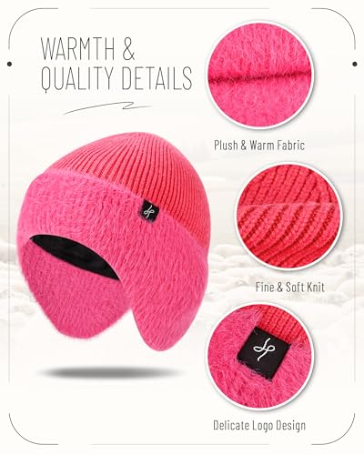 HAMUNI Winter Fleece-Lined Beanie with Earflaps, Warm Windproof Unisex Beanie Hat for Skiing, Hiking & Outdoor Winter Sports - color: Magenta