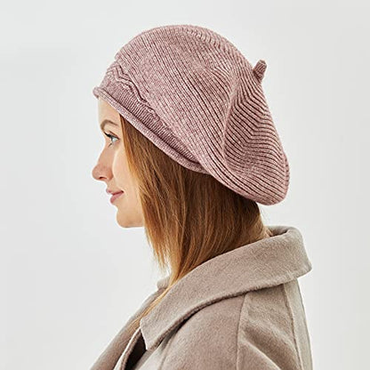 FENELY Beret Hat for Women, French Style Beanie Winter Fashion Warm Thickened Lining Knit Cap - color: Purple