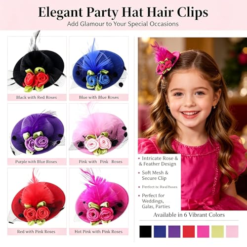 Fascinator Hats Bow Clips 6 Pcs Mini Hat with Feather Flower Hair Bow Clip Fascinator Alligator Clips for Cocktail Wedding, Bridal, Races Cosplay, Prom Cute Hair Accessories Party Girls Hairpins