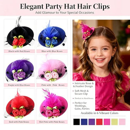 Fascinator Hats Bow Clips 6 Pcs Mini Hat with Feather Flower Hair Bow Clip Fascinator Alligator Clips for Cocktail Wedding, Bridal, Races Cosplay, Prom Cute Hair Accessories Party Girls Hairpins