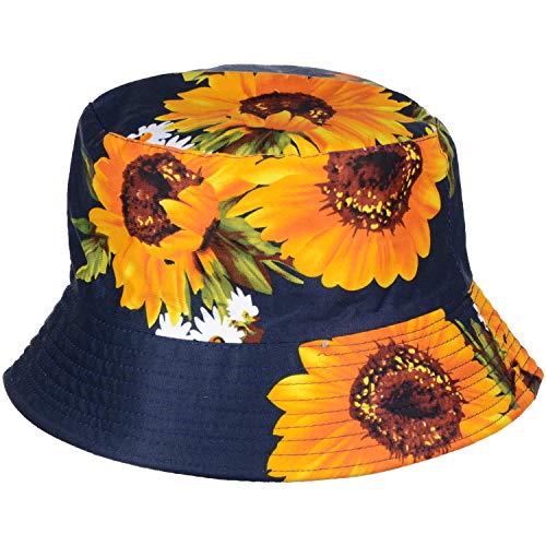 BYOS Unisex Trendy Reversible Lightweight Printed Bucket Hat Packable Outdoor - color: Hearty Sunflower Navy