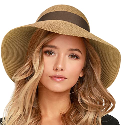 FURTALK Womens Beach Sun Straw Hat Wide Brim UV Protection Travel Hat - color: Khaki-deep Coffee, size: Medium-Large