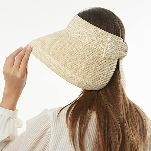 Women Sun Visors Foldable Straw Hats Summer Beach Packable Hat Floppy Wide Brim Cap Deep Style, Adjustable Size - color: Beige New