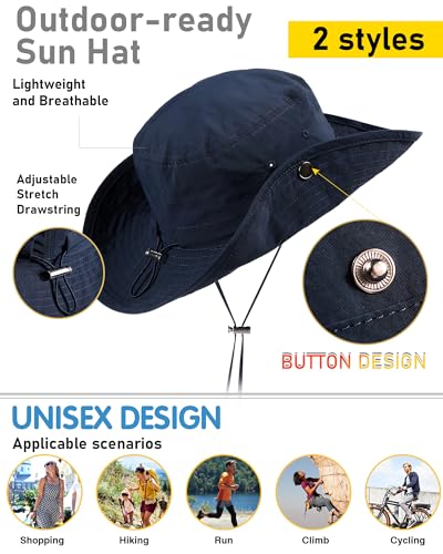 Wide Brim Waterproof Bucket Rain Hat for Women Men UPF50+ Cowboy Sun Hat - color: Navy Blue