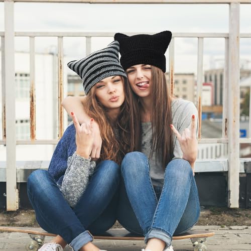 Women Beanie Warm Winter Hats, Soft Knit Lazy Beanie for Women, Women Cat Beanie，Women Fox hat, Slouchy Beanies for Women - color: Blue Gray & Black 2pcs