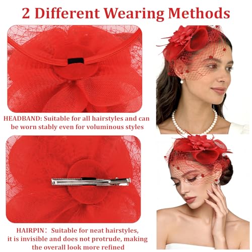 Semato Fascinators Hats for Women Mesh Feathers Elegant Red Tea Party Kentucky Hat Derby Headband with Hair Clip - color: Red