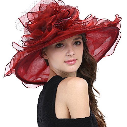 Janey&Rubbins Women's Feathers Floral Fascinating Wide Brim Lightweight Church Derby Hat - color: Burgundy