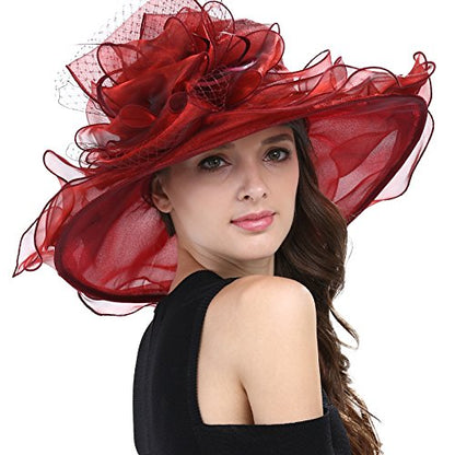 Janey&Rubbins Women's Feathers Floral Fascinating Wide Brim Lightweight Church Derby Hat - color: Burgundy