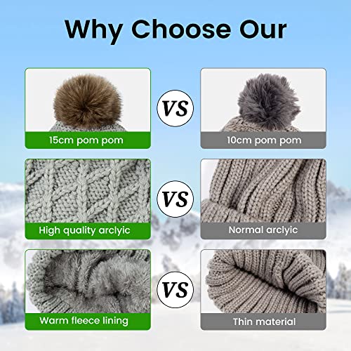 Arctic Paw Womens Winter Hat Cable Knit Beanie for Women Faux Fur Pompom Ears - color: Light Grey Hat Coffee Ball