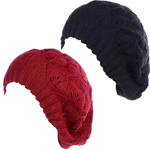 BYOS Women Mid-Weight Slouchy Leafy Cutout Crochet Soft Knit French Beret Hat - color: 2-pack-red & Bk