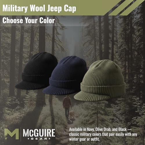 M MCGUIRE GEAR Genuine G.I. Winter Beanie Cap with Visor, 100% Wool Fitted Cap, Made in USA - color: Navy