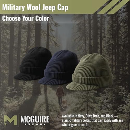 M MCGUIRE GEAR Genuine G.I. Winter Beanie Cap with Visor, 100% Wool Fitted Cap, Made in USA - color: Navy