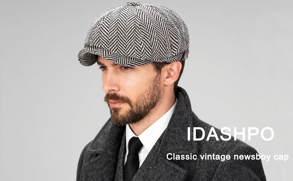 Men's Wool Newsboy Cap 8-Panel Tweed Taxi Hat Herringbone Gatsby Flat Hats - color: Dark Gray