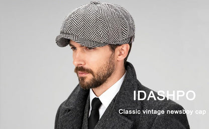 Men's Wool Newsboy Cap 8-Panel Tweed Taxi Hat Herringbone Gatsby Flat Hats - color: Dark Gray