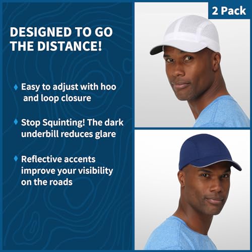 TrailHeads Men's Race Day Running Hat, Quick Dry, Moisture Wicking - color: White & Navy 2-pack
