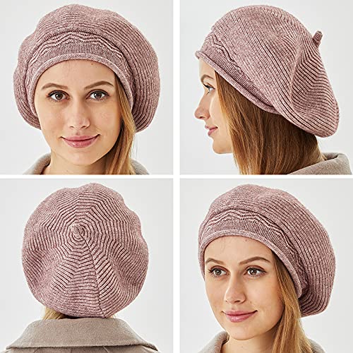 FENELY Beret Hat for Women, French Style Beanie Winter Fashion Warm Thickened Lining Knit Cap - color: Purple