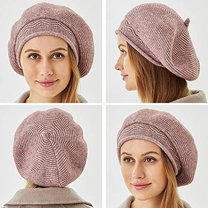 FENELY Beret Hat for Women, French Style Beanie Winter Fashion Warm Thickened Lining Knit Cap - color: Purple