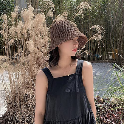 Women Sun Hat Hand-Woven Packable Beach Bucket Hat Summer Floppy UV Protection Hats - color: Coffee