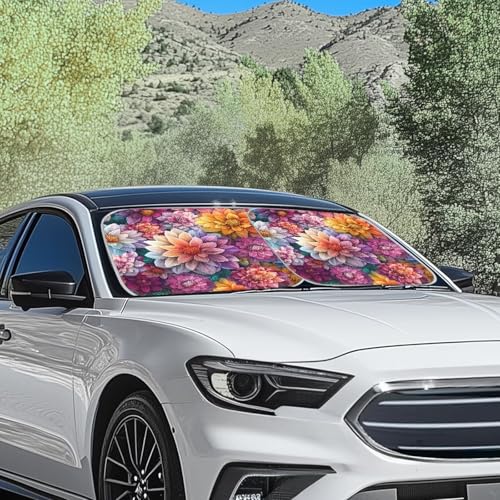 Renewold Boho Flower Windshield Sun Shade for Car, Foldable Front Window Cover with UV and Heat Protection, Keep Your Car Interior Cooler - color: Boho Flower Dahlia
