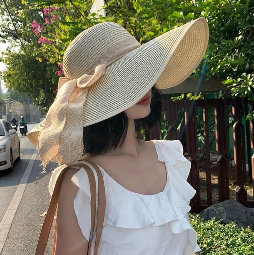 Womens Sun Straw Hat Wide Brim UPF 50+ Fashion Foldable Packable Floppy Beach Hat for Women Travel Outdoor Beige