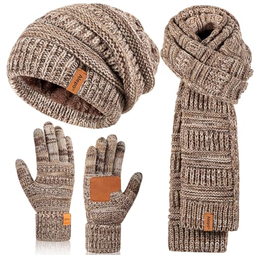 Winter Beanie Hat Scarf Gloves Set for Women, Slouchy Beanie Long Scarf Touchscreen Gloves, Warm 3 in 1 Set - color: Multicolor-05