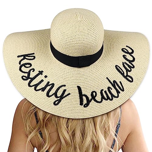 DRESHOW Big Straw Sun Hats for Women Floppy Foldable Roll up Beach Cap Sun Hat UPF 50+ Vacation Honeymoon Embroidered Hat - color: Z Resting Beach Face: Beige