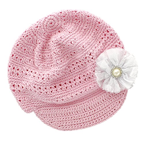 My Lello Little Girl's Newsboy Crochet Beanie Hat with Vintage Lace/Tulle Flower - color: Light Pink/White, size: One Size