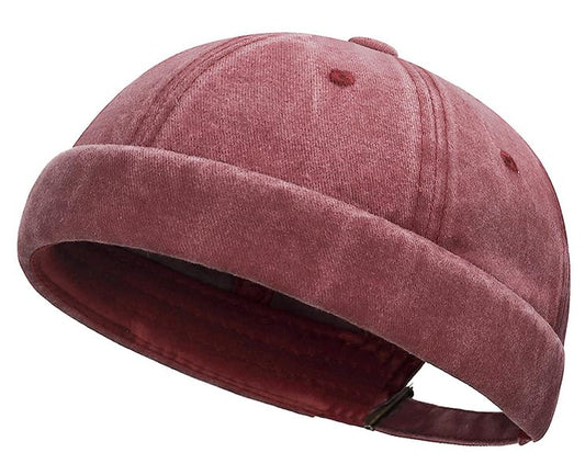 DIYDECAL Vintage Washed Cotton Sailor Docker Cap for Men, Brimless Skull Cap with Classic Retro Style - color: Wine