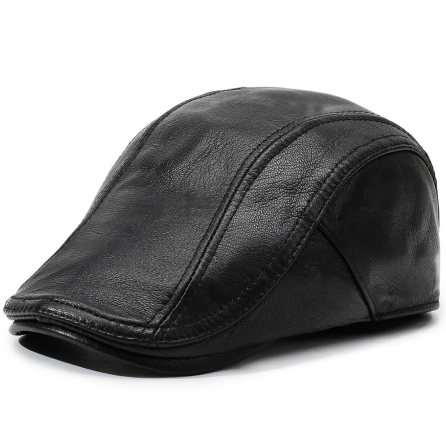 Men's Lambskin Leather Newsboy Flat Cap Gatsby Ivy Cap Driving Hat - color: Black