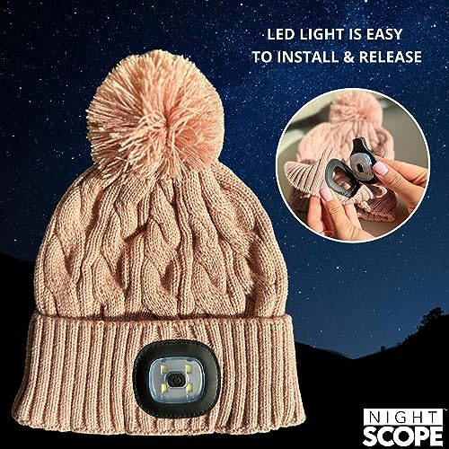 Classic Rechargeable LED Warm Knit Beanie Head Light Hat Headlamp for Outdoor Activities - color: White Pom
