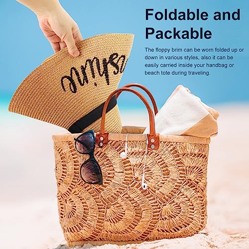 DRESHOW Big Straw Sun Hats for Women Floppy Foldable Roll up Beach Cap Sun Hat UPF 50+ Vacation Honeymoon Embroidered Hat - color: Ae Hello Sunshine: Khaki