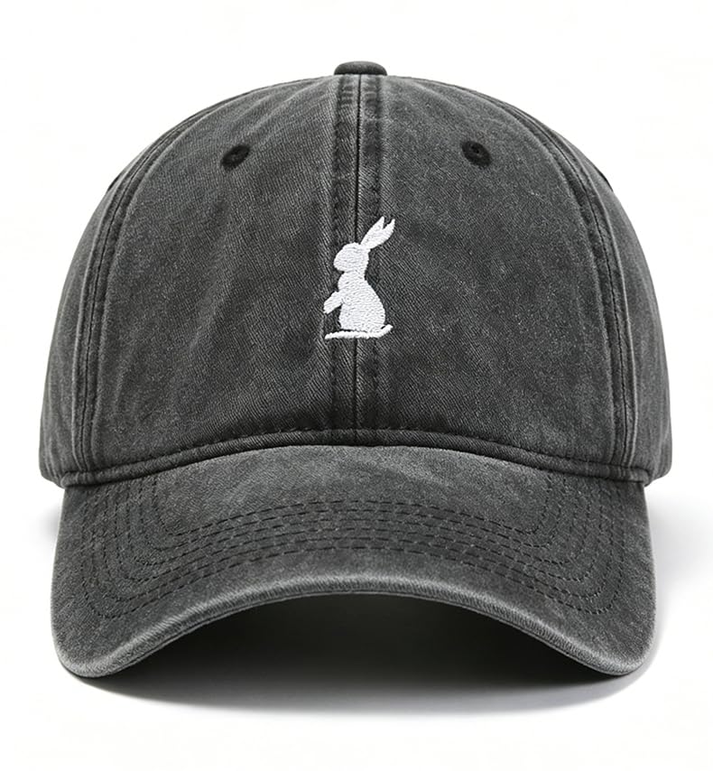 Plam Trees Hats Embroidered Washed Cotton Baseball Cap for Men Women Distressed Black Snapback Baseball Hat Adjustable - color: Bunny Rabbit