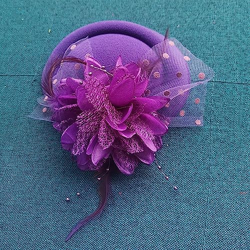 Fascinators Hats Pillbox Hat for Girl and Women - color: Purple-fascinator With Flower Feather