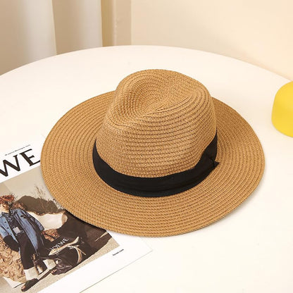 Unisex Adjustable Summer Straw Fedora Hat Sun Cap Panama Wide Brim For Beach Summer Outdoors Camping Supplies - color: Khaki