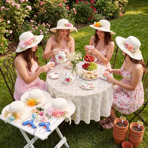 8 Sets DIY Straw Hat Kit for Women, Tea Party Hats with White Lace Edge