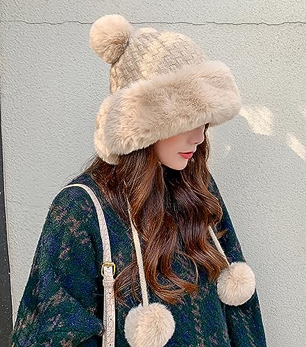 Winter Pompom Beanie Hats Women Knit Womens Beanie Faux Fur Crochet Skull Cap Warm Bucket Outdoor Ear Cover - color: Beige