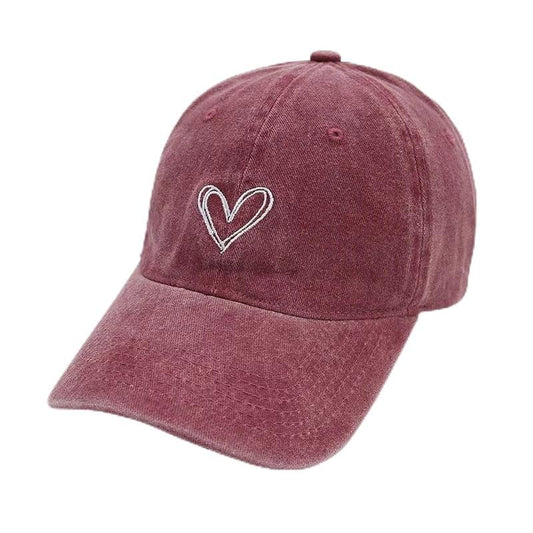 Unisex Vintage Baseball Cap: Washed Distressed Baseball Cap Twill - Men Womens Trucker Hat - Adjustable Dad Hat - color: Wine Red White Heart