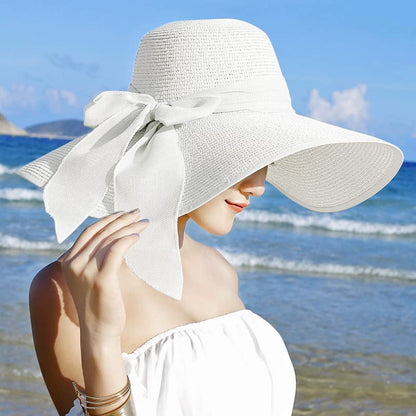 Lanzom Womens 5.7 Inches Big Bowknot Straw Hat Large Floppy Foldable Roll up Beach Cap Sun Hat UPF 50+ - color: White
