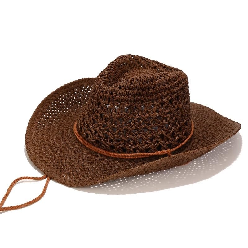Men's Floppy Packable Straw Hat Beach Cap Newsboy Fedora Sun Hat, Big Brim, Adjustable Chin Strap - color: Brown-a