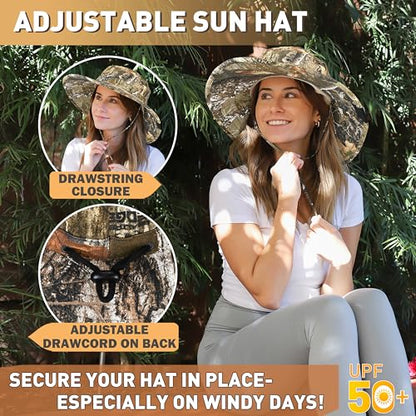 Men Safari Sun Hat Wide Brim Boonie Fishing Cap with Adjustable Drawstring - color: Pine Woodland Camo