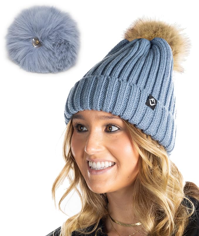 Funky Junque Women’s Winter Detachable Pom Beanie – Warm Knit Hat with Removable Faux Fur Pom, Soft Stretch Acrylic Cozy Cap - color: Denim