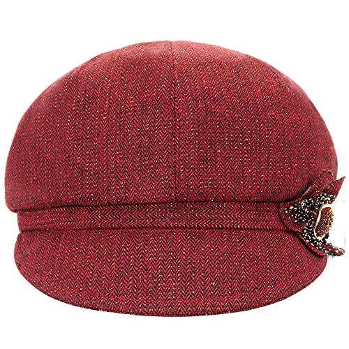 Women Retro Classic Visor Newsboy Cabbie Cap Beret Hats with Flower Buckle for Woman Ladies - color: 1red