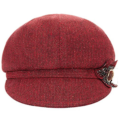 Women Retro Classic Visor Newsboy Cabbie Cap Beret Hats with Flower Buckle for Woman Ladies - color: 1red