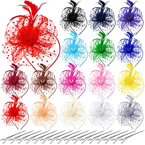 Tarpop 16 Pcs Fascinators Hat Tea Party for Women Flower Mesh Fascinators Hat Wedding Feather Headband Cocktail Hair Clip - color: Mixed Colors, style: Classic
