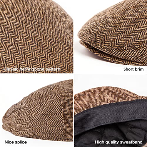 Herringbone Flat Ivy Newsboy Cap for Men 1920s Wool Blend Tweed Cabbie Hat - color: Filled Quilted Lining Brown, size: 7-7 1/4