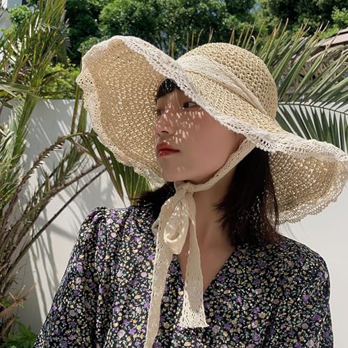 Women's Wide Brim Straw Sun Hat Beach Travel Bucket Hat Packable - color: Beige