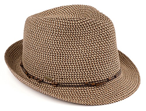 Funky Junque Short Brim Fedora Packable Sun Hat for Women - color: Brown Multi W/ Beaded Ropes